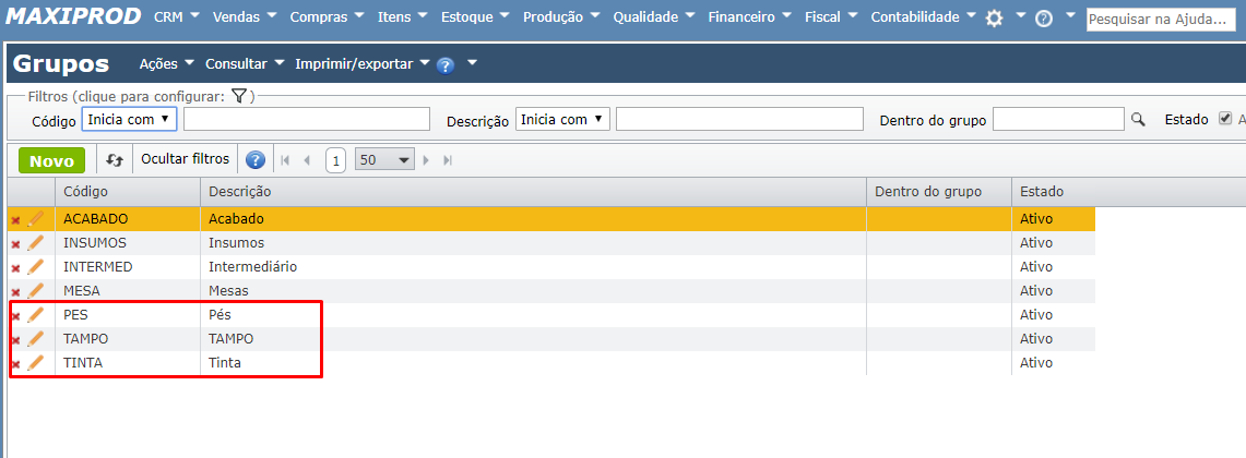 cadastro de quatro grupos