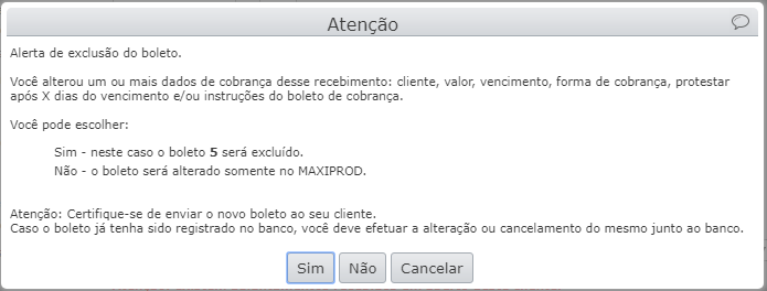 mensagem alerta de exclusão de boleto