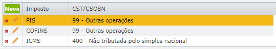 configuração de impostos