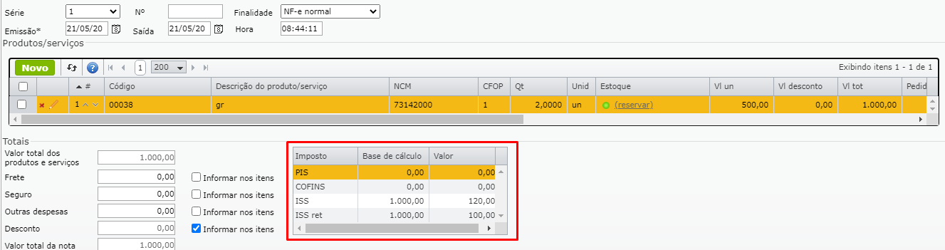 lista de impostos da nota fiscal