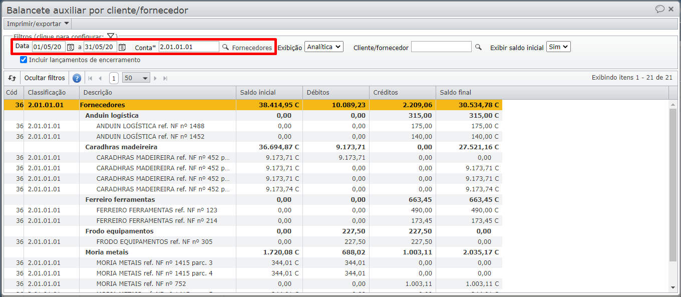 tela de balancete auxiliar por cliente/fornecedor com datas filtradas