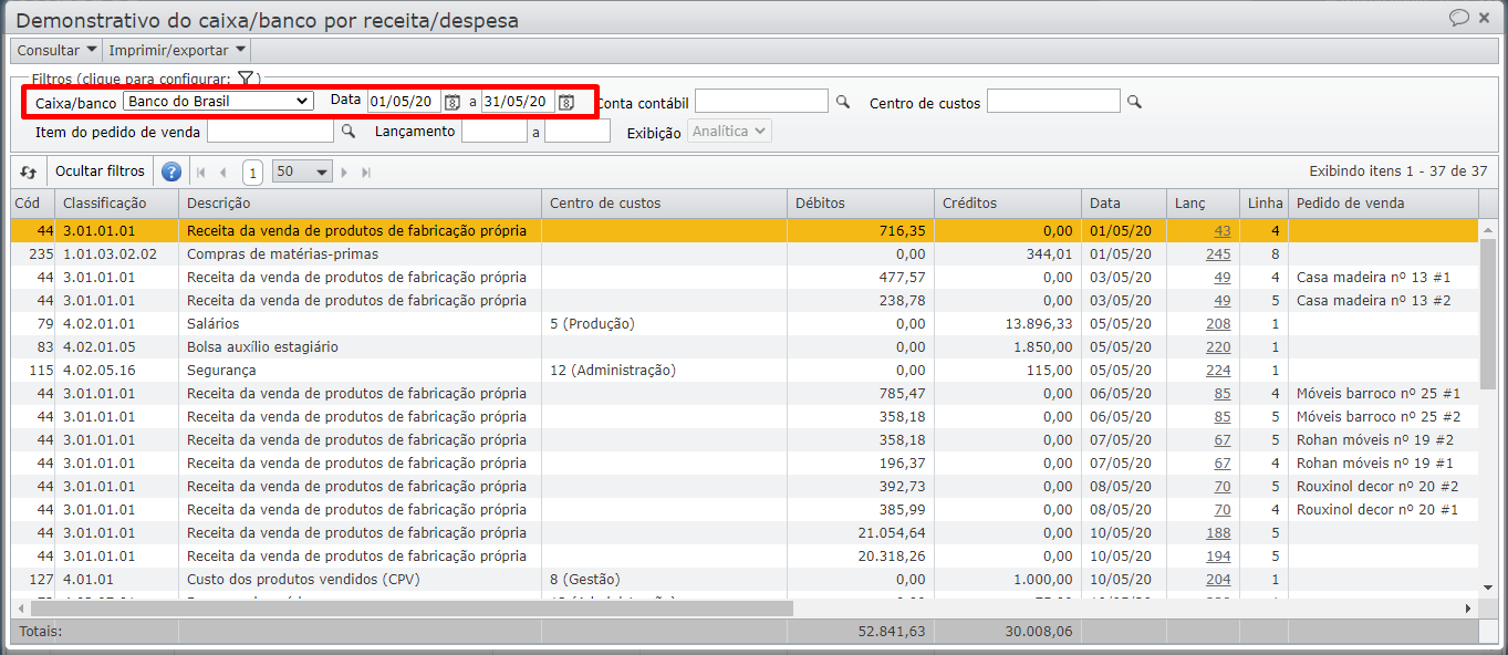 Demonstrativo caixa/banco por receita/despesa (analítico) filtrar por data