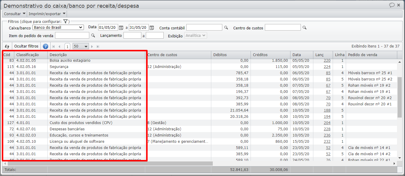 Demonstrativo caixa/banco por receita/despesa (analítico) seleção das colunas código, descrição e classificação