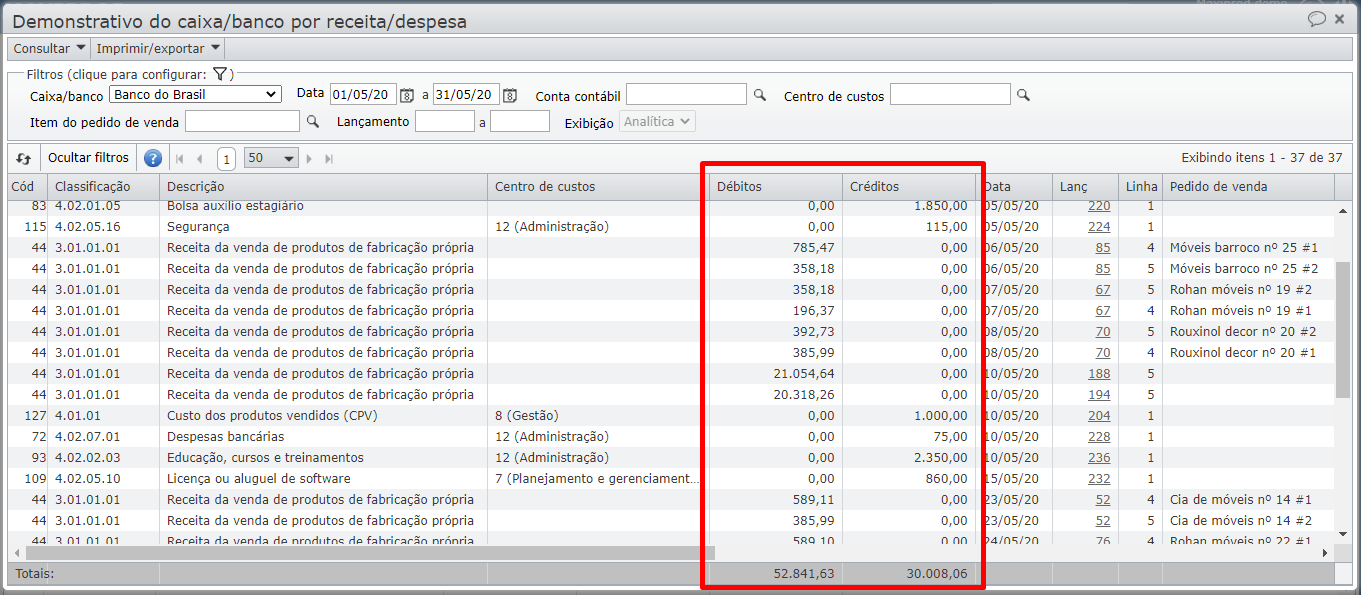 Demonstrativo caixa/banco por receita/despesa (analítico) seleção das colunas débito e crédito
