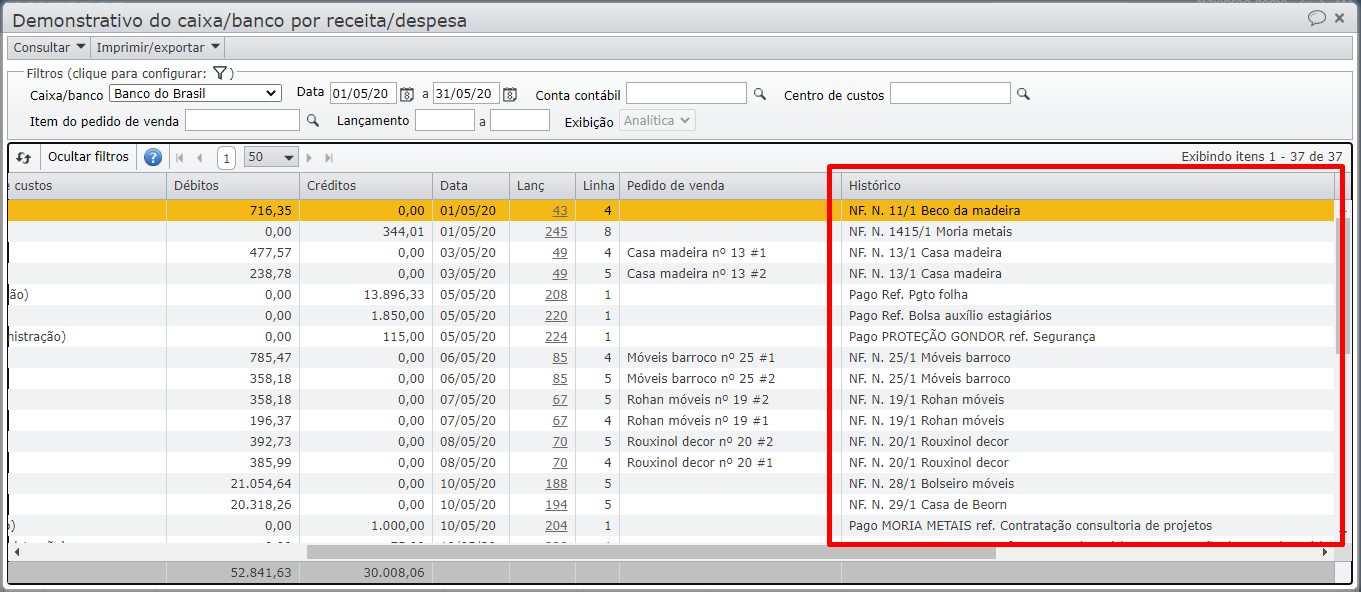 Demonstrativo caixa/banco por receita/despesa (analítico) seleção da coluna histórico
