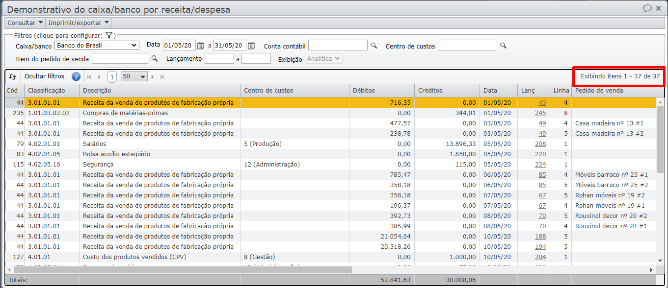 tela Demonstrativo caixa/banco por receita/despesa (analítico)