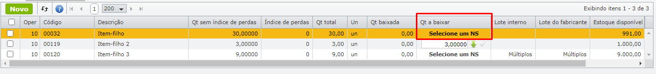 grade de insumos da tela da OP