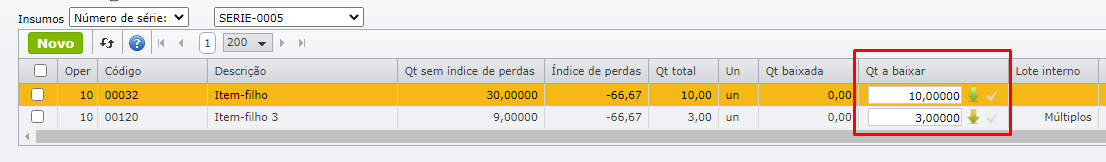 selecionar o número de série