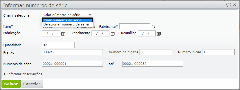 tela criar números de série