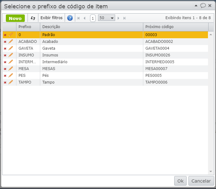 seleção de um prefixo de código de item