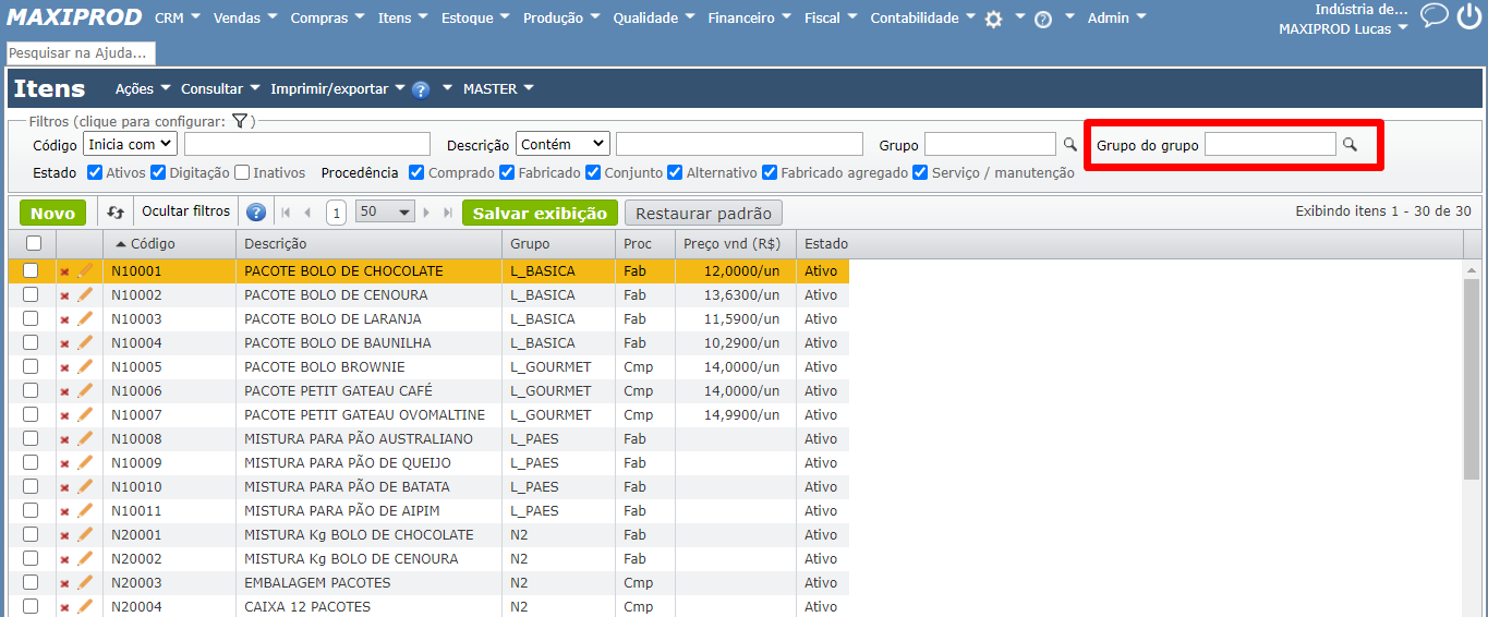 filtro “Grupo do grupo” na tela itens