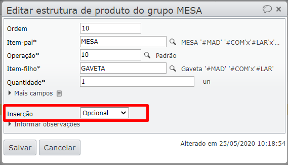 editar estrutura de produto do grupo mesa