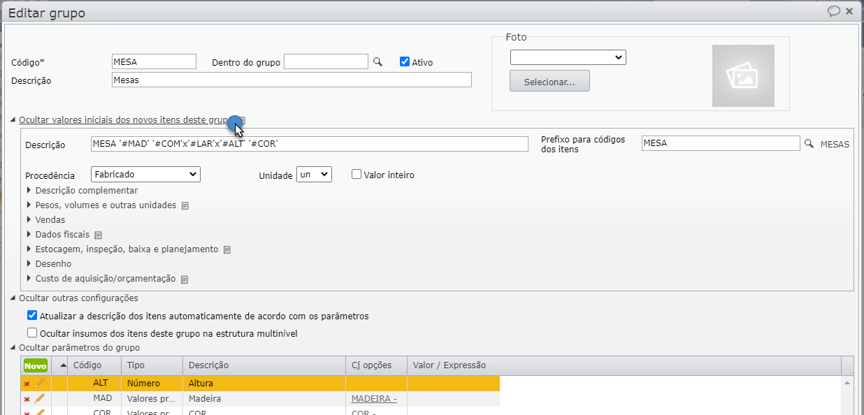 seção “Valores iniciais dos novos itens deste grupo” na janela grupo