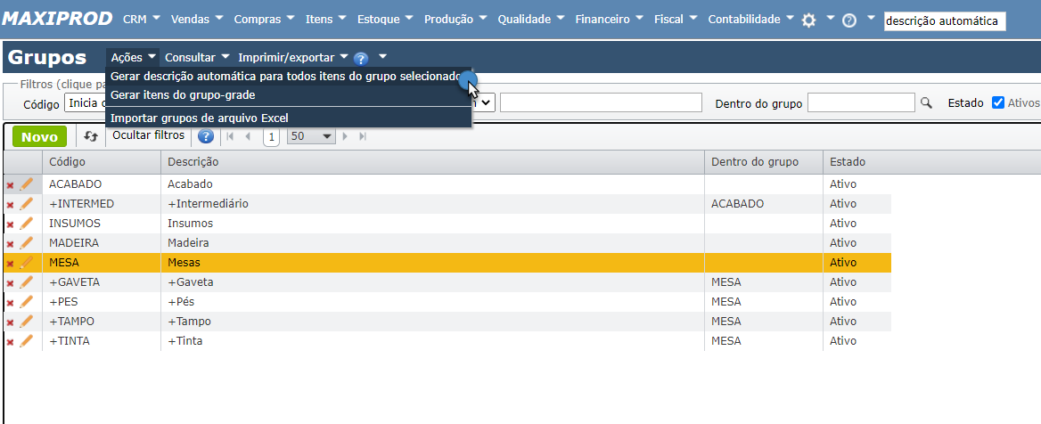 tela Gerar descrição automática para todos os itens do grupo selecionado