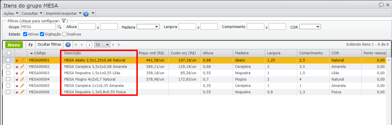 itens do grupo “Mesa de jantar”