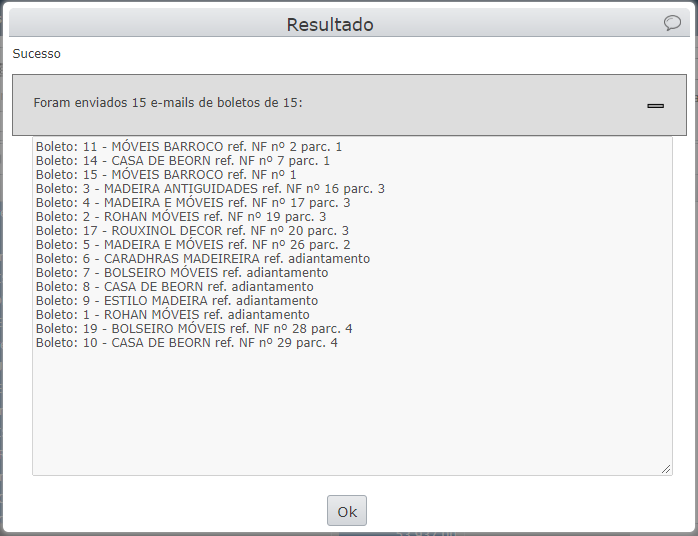 janela de resultados dos envios