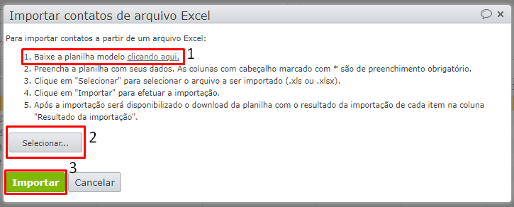 janela importar contatos a partir de arquivo excel