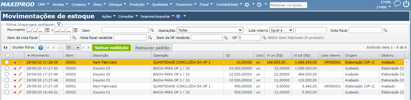 grade de movimentações de estoque