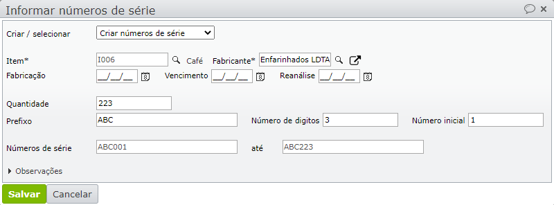 tela informar números de série