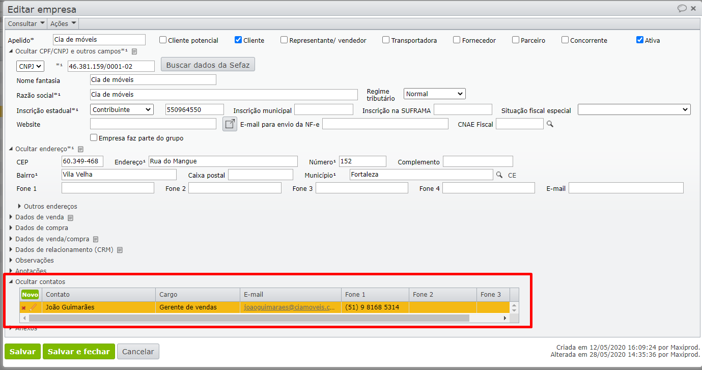 tela de edição do cadastro da empresa crm integrado