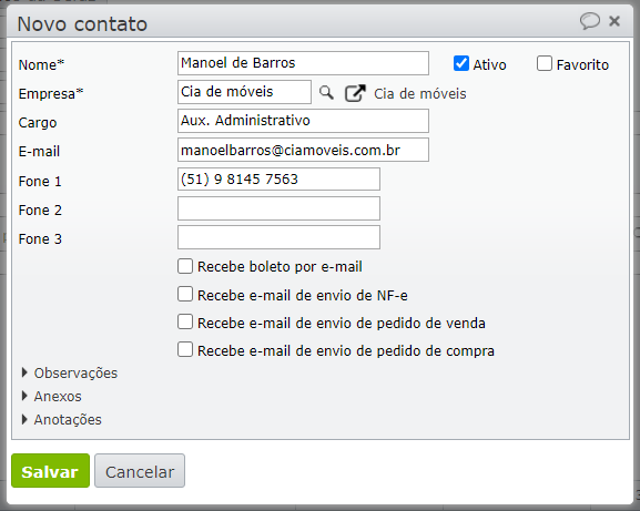 janela de um novo contato