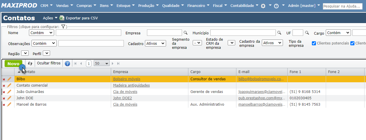 tela para criar novos contatos crm integrado