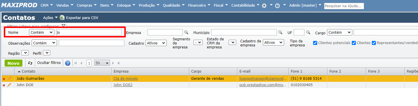 tela de contatos com filtro que permite encontrar contatos desejados