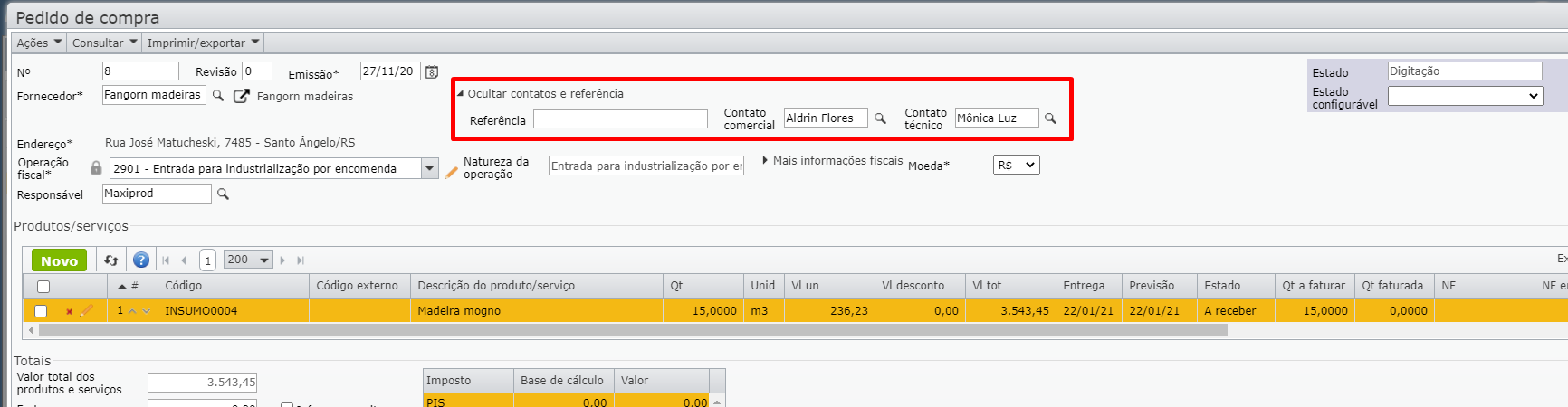 edição do pedido de compra