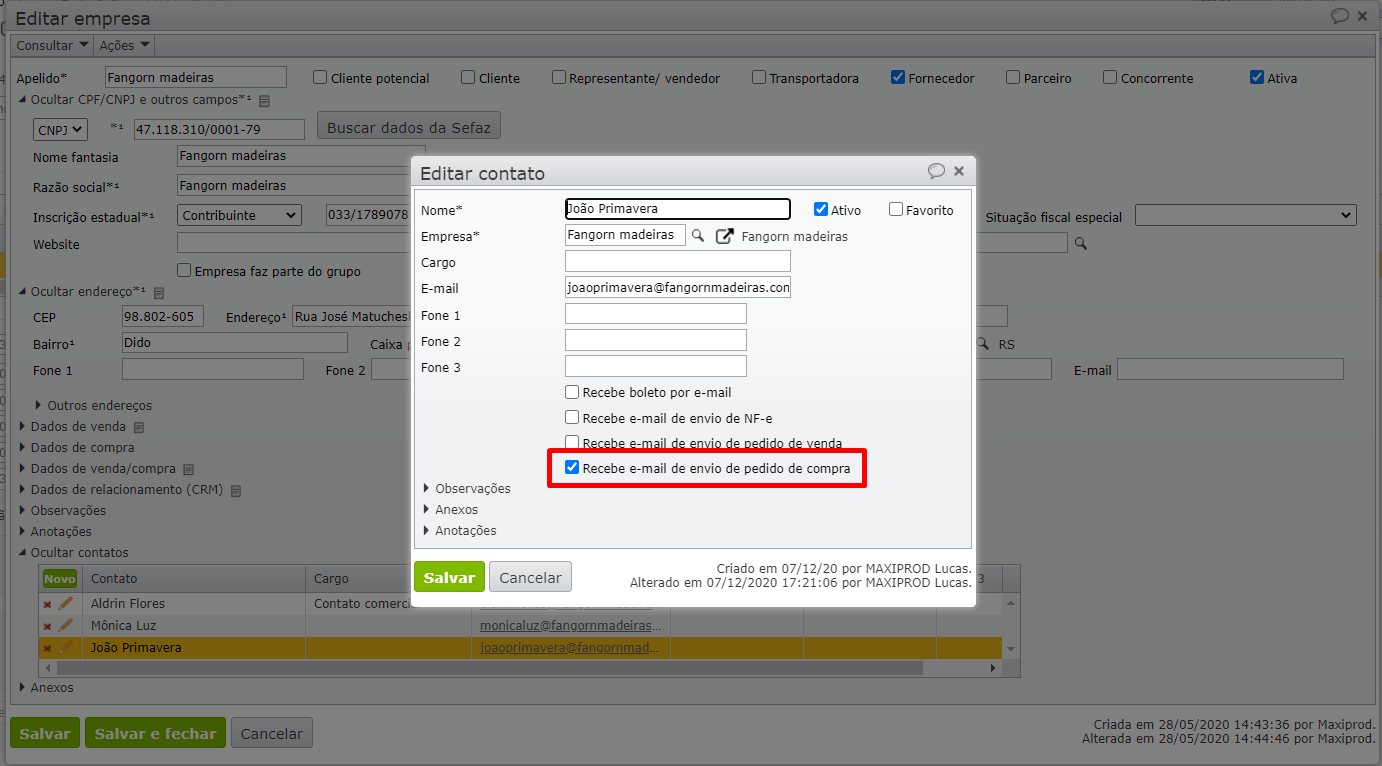 e-mail de envio de pedido de compra