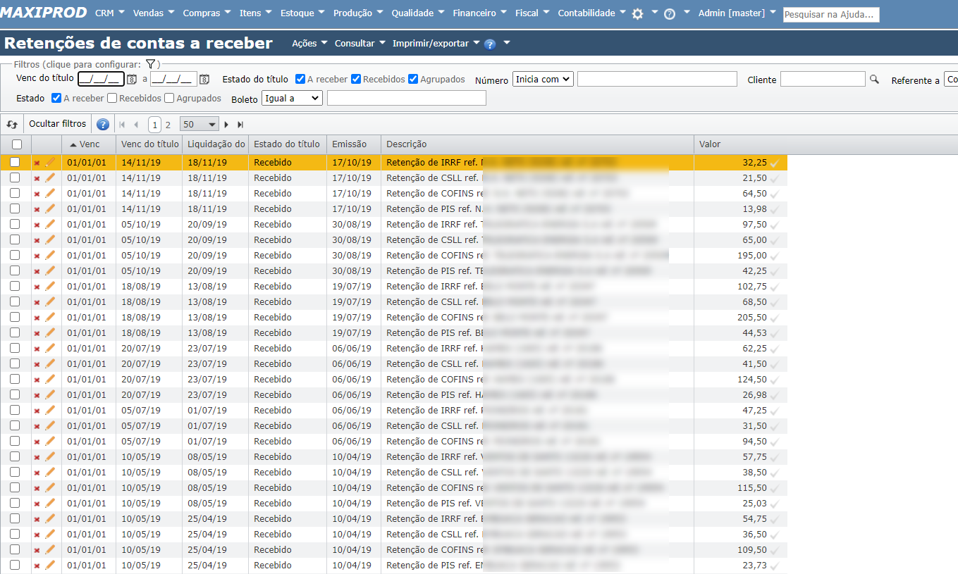 tela retenções de contas a receber