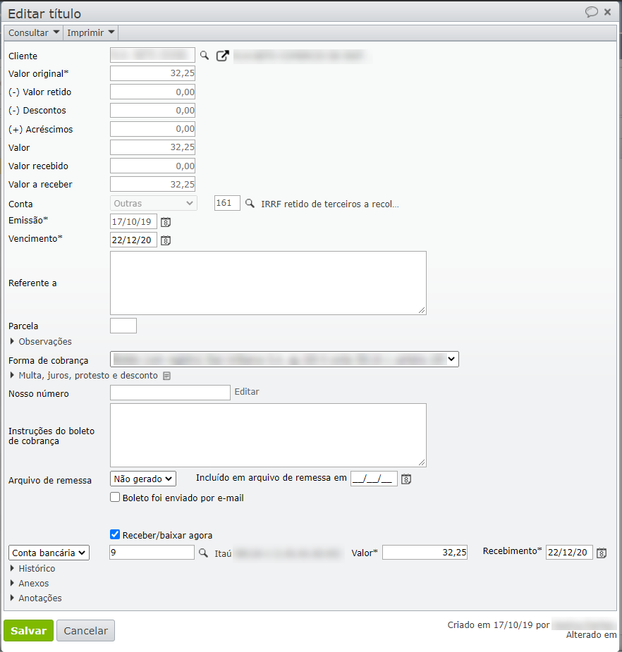 edição de retenções a receber e a pagar