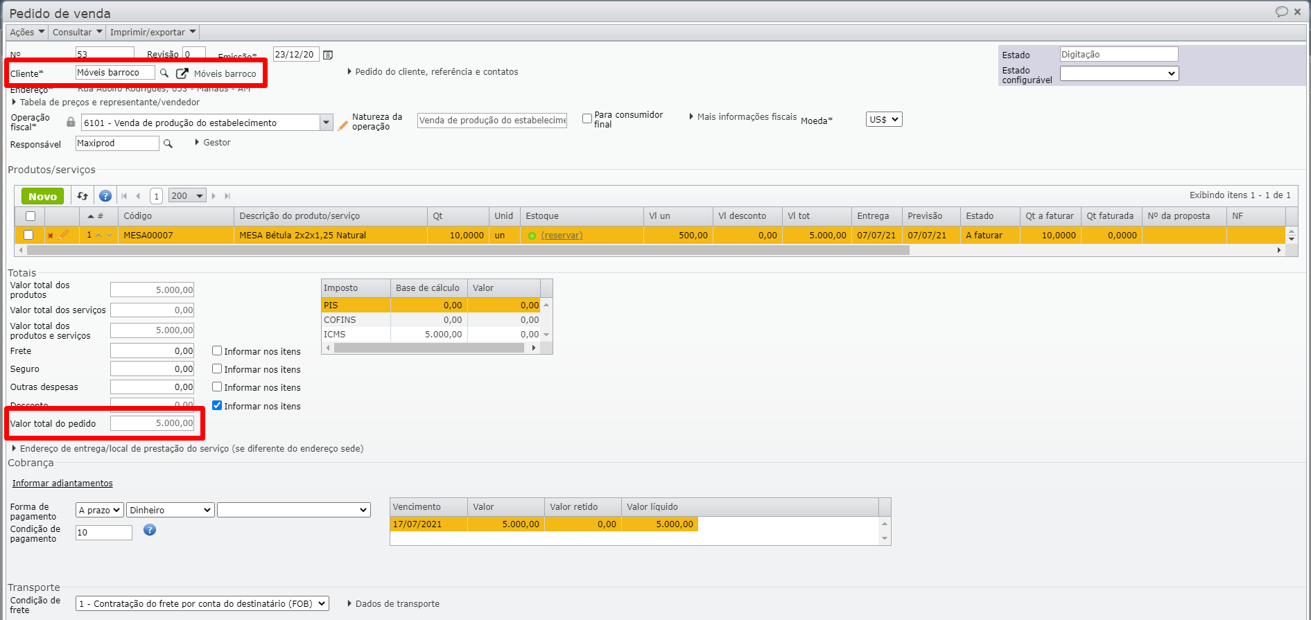 tela de novo pedido de venda