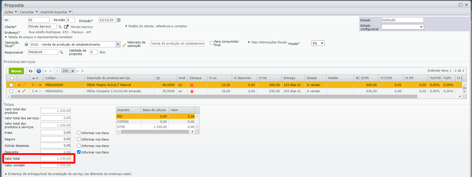 tela de nova proposta de venda