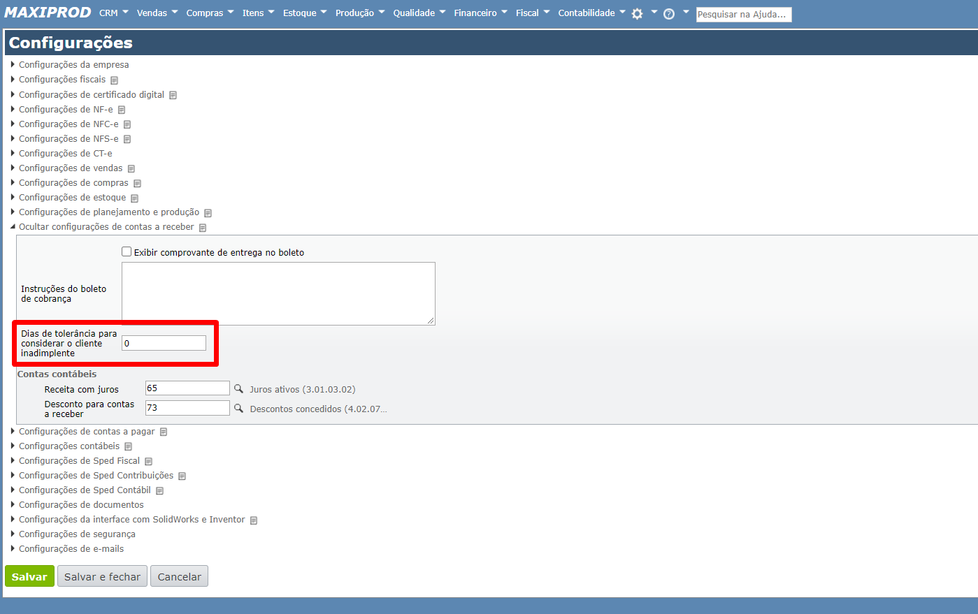 expansão da seção Configurações de contas a receber