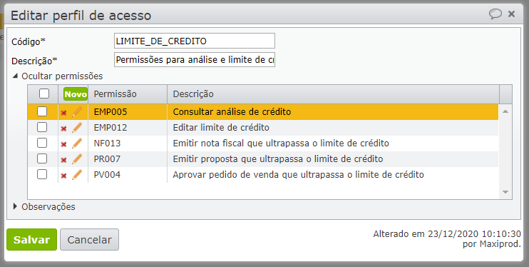 permissões para limite e análise de crédito