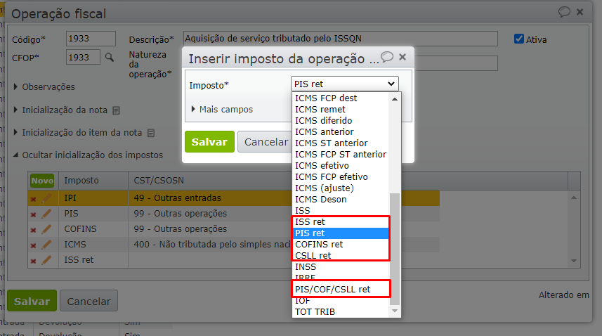 lançar a retenção de ISS