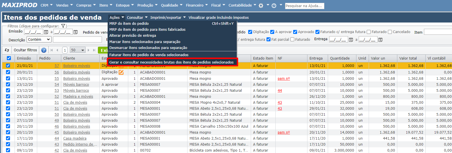 tela Gerar e consultar necessidades brutas dos itens de pedidos selecionados