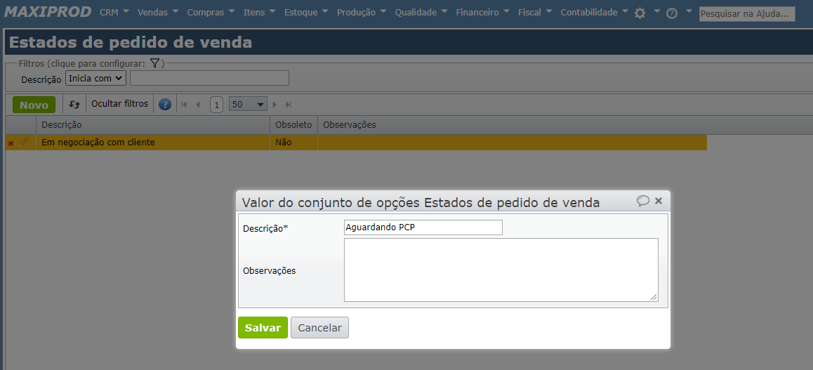 criar novo estado dos pedidos de venda