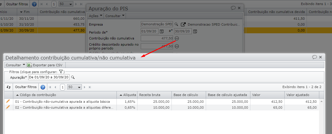 tela detalhamento contribuição cumulativa e não-cumulativa