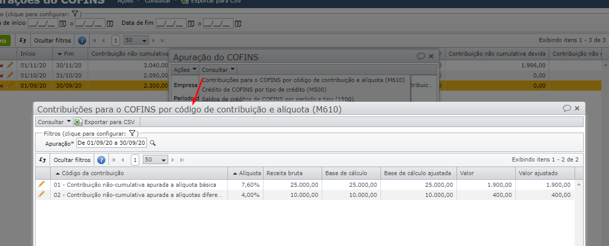 contribuições para o COFINS por código de contribuição e alíquota