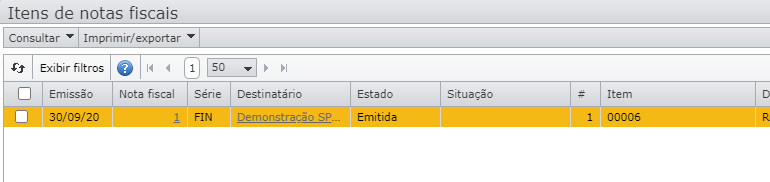 tela itens de notas fiscais