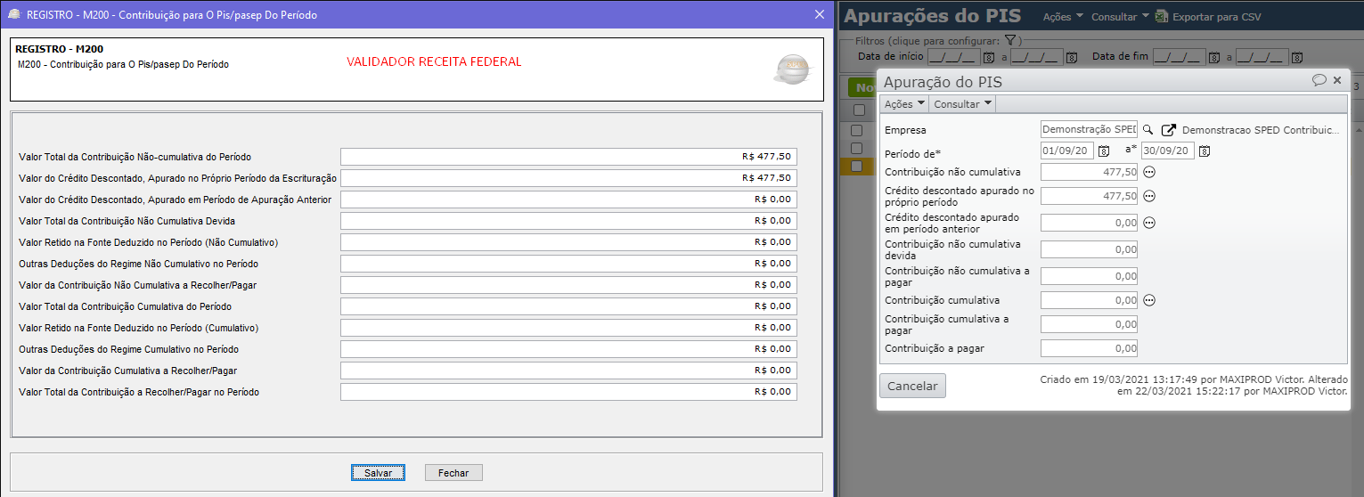 registro "M200 - Contribuição para o PIS/Pasep do Período"