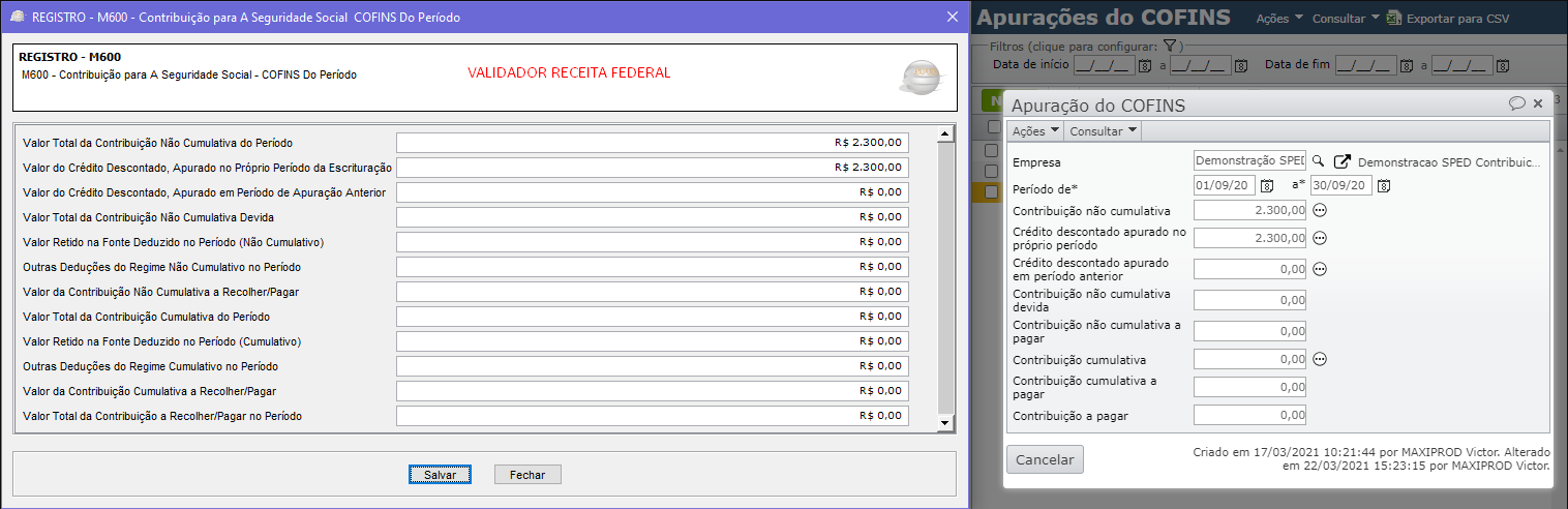 registro "M600 - Contribuição para a Seguridade Social"