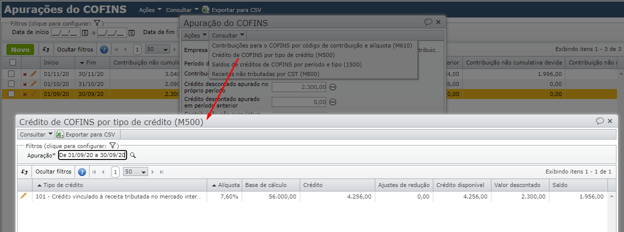 valores de crédito do COFINS