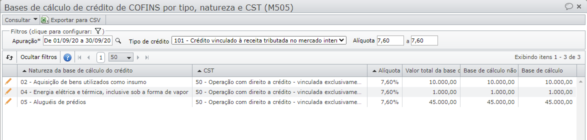tela bases de cálculo de crédito de COFINS 