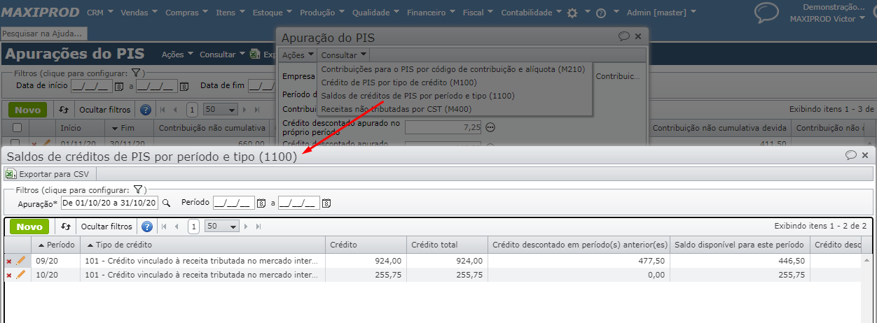 tela saldos de créditos de PIS por período e tipo