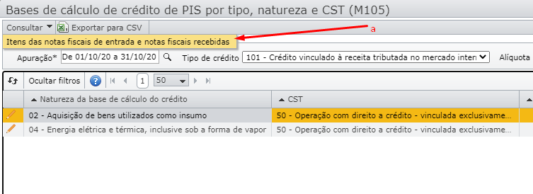 tela bases de cálculo de crédito de PIS
