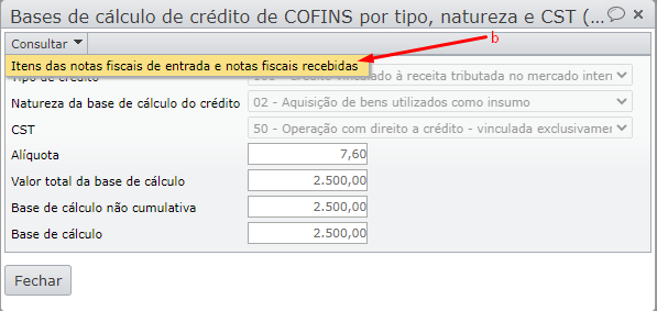 tela bases de cálculo de crédito de COFINS