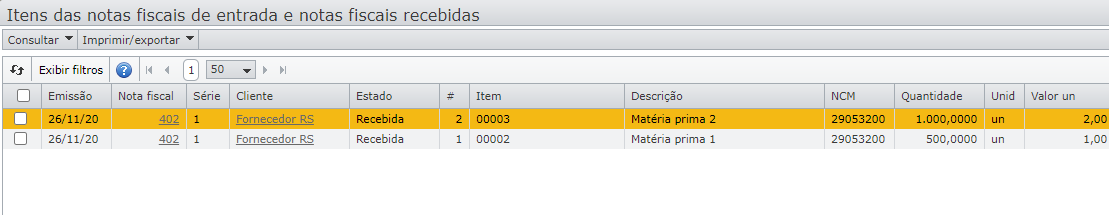 tela itens das notas fiscais de entrada e notas fiscais recebidas