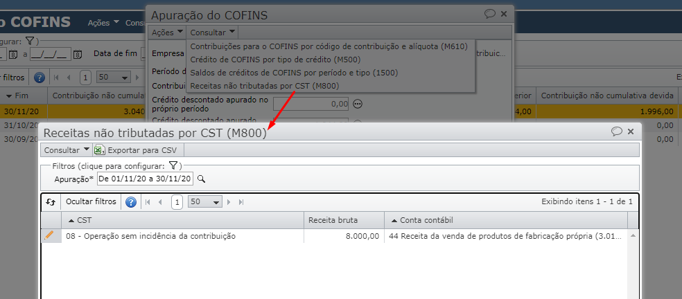 tela receitas não tributadas por CST (M800)